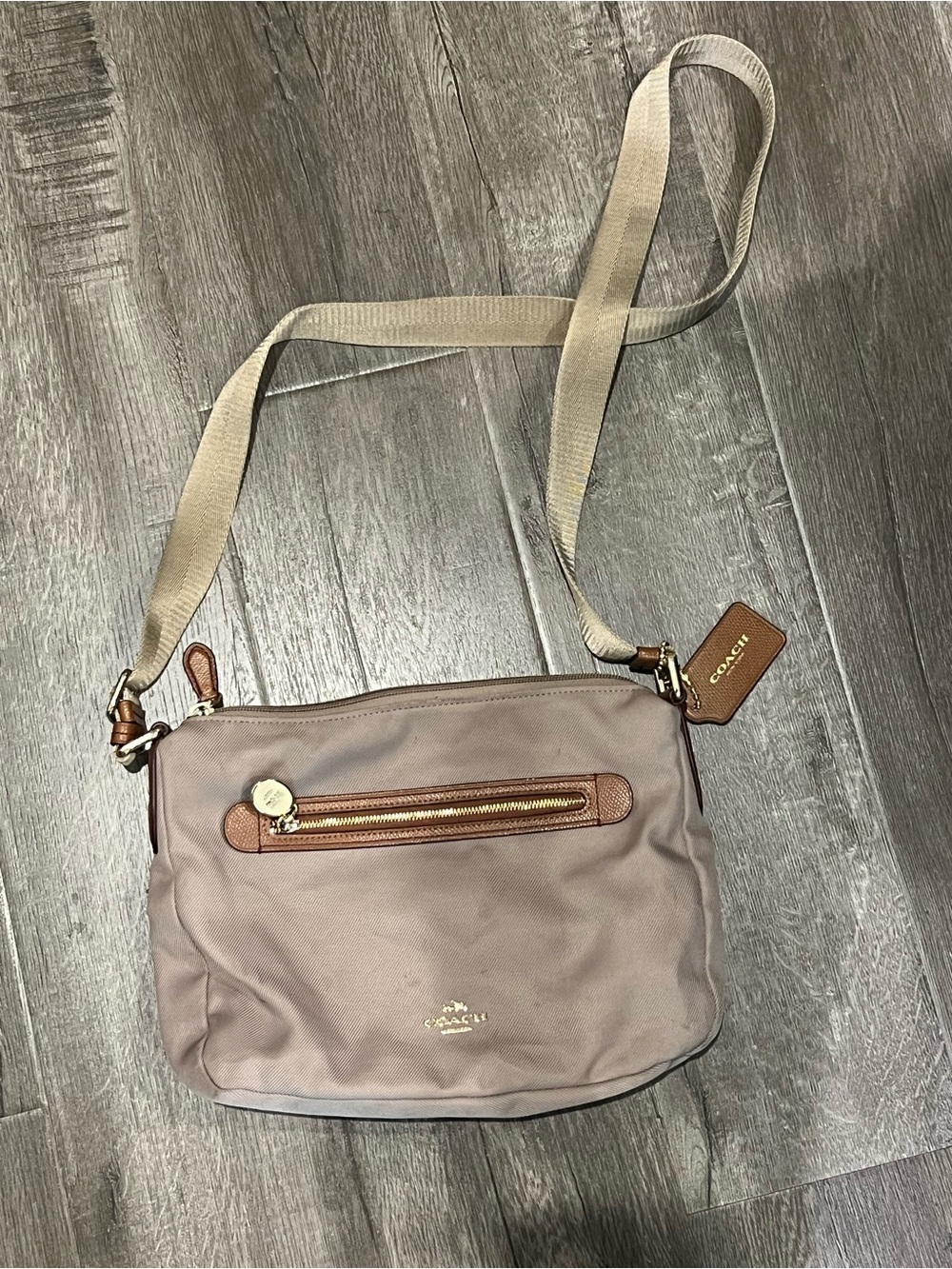 Coach Dusty Taupe Crossbody with Tan Leather Trim